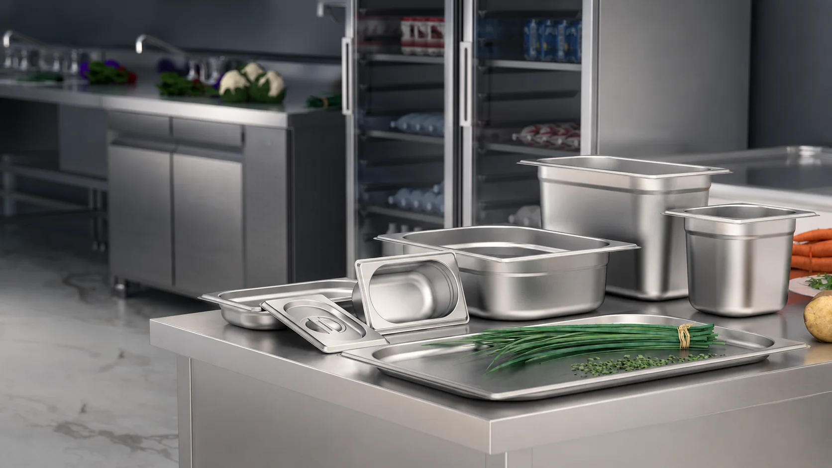 Commercial kitchen visualization with stainless steel pans and lids in various sizes